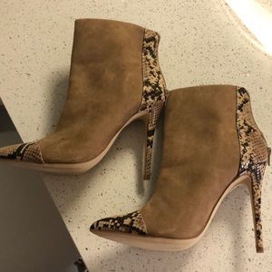 Tan booties with snake skin toe and heel, size 11, never worn